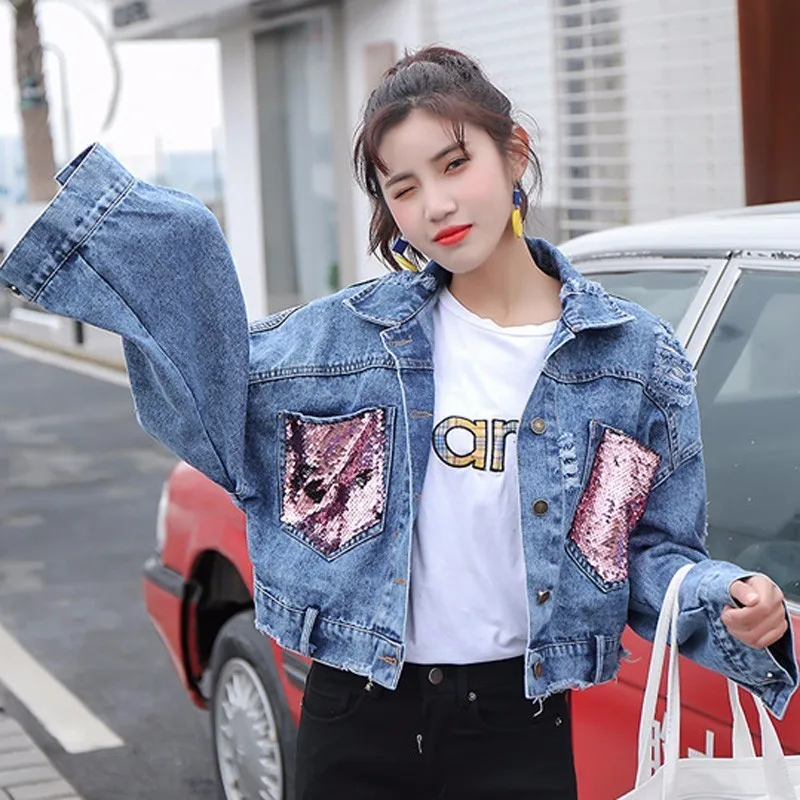 Куртка женская джинсовая с блестками уличная одежда в Корейском стиле короткая