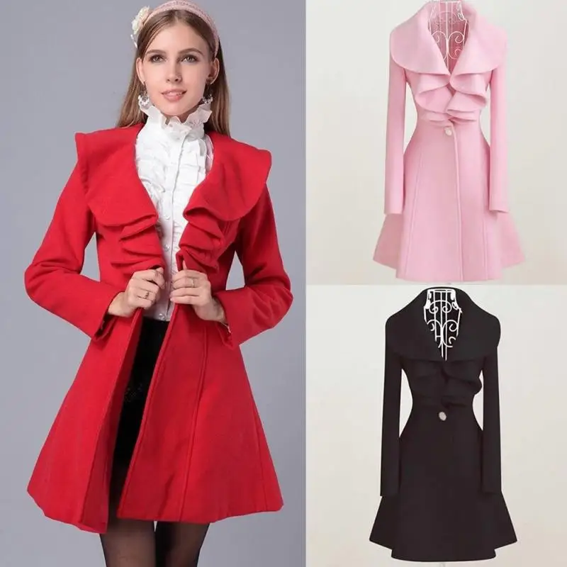 Autumn/Spring Women Coat Long Section Casual Woolen Jacket Flounced Clothing Fashion Slim Wool Coats Large Size | Женская одежда