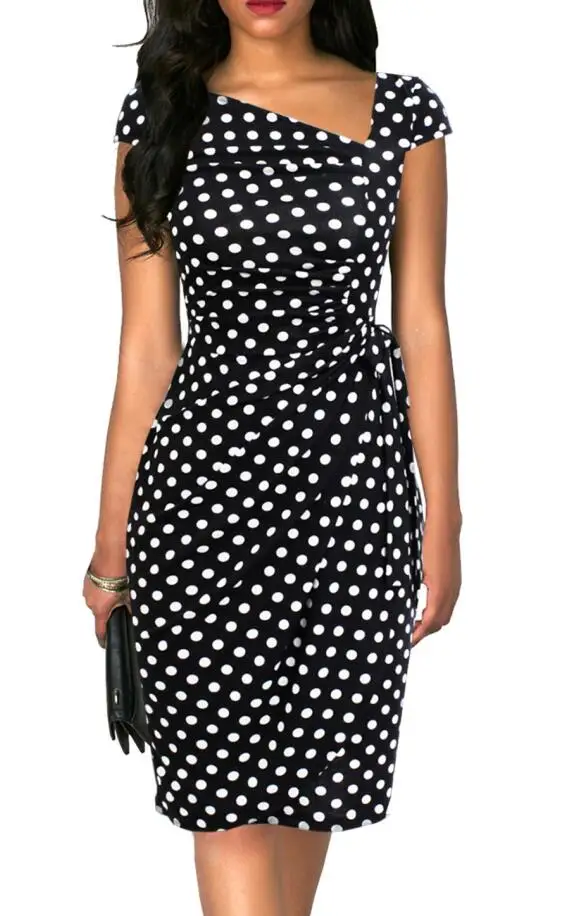 8022 Black Dot Berydress, Ретро стиль, 1950 s, с короткими рукавами, с рюшами, облегающее, облегающее, женское платье, эластичное, с поясом, коктейльное, вечерние, для работы, миди, черное платье - Цвет: 8022 Black Dot