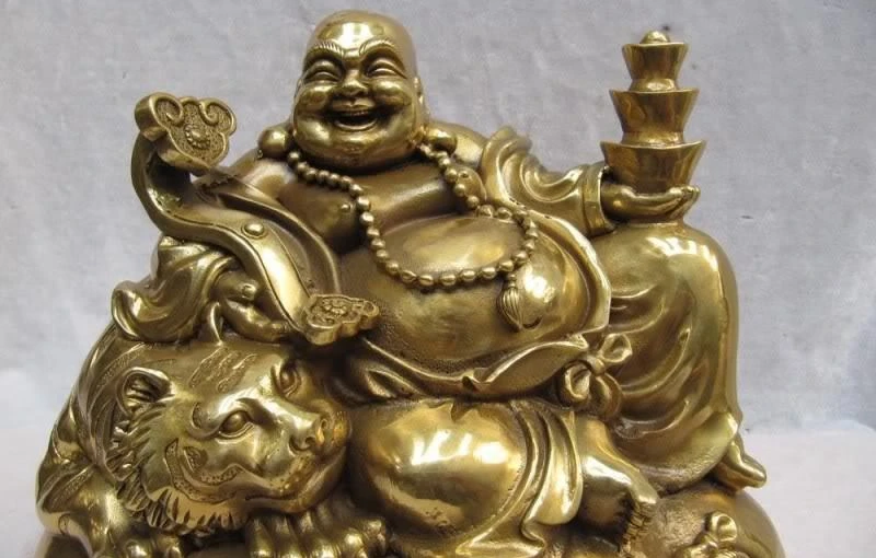 Китайский Превосходный латунный Yuan Bao Ru Yi Maitreya смех Будда сидеть на Тигре мешок