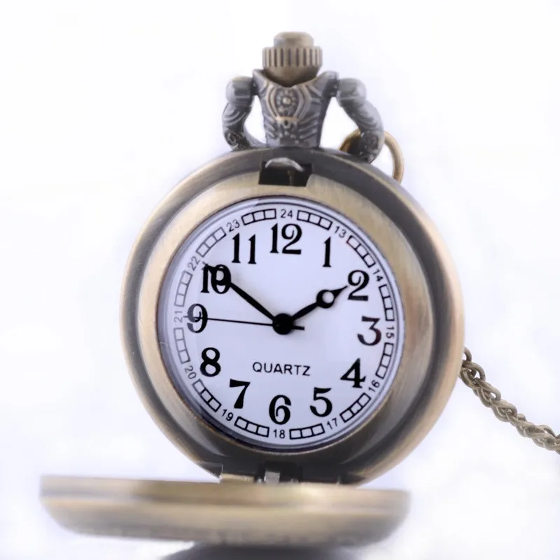 

Hot Antique Steampunk Bronze AC DC Hells Bell Pattern Pocket Watch With Pendant Chain Flower Craving Back Watch Men Gift