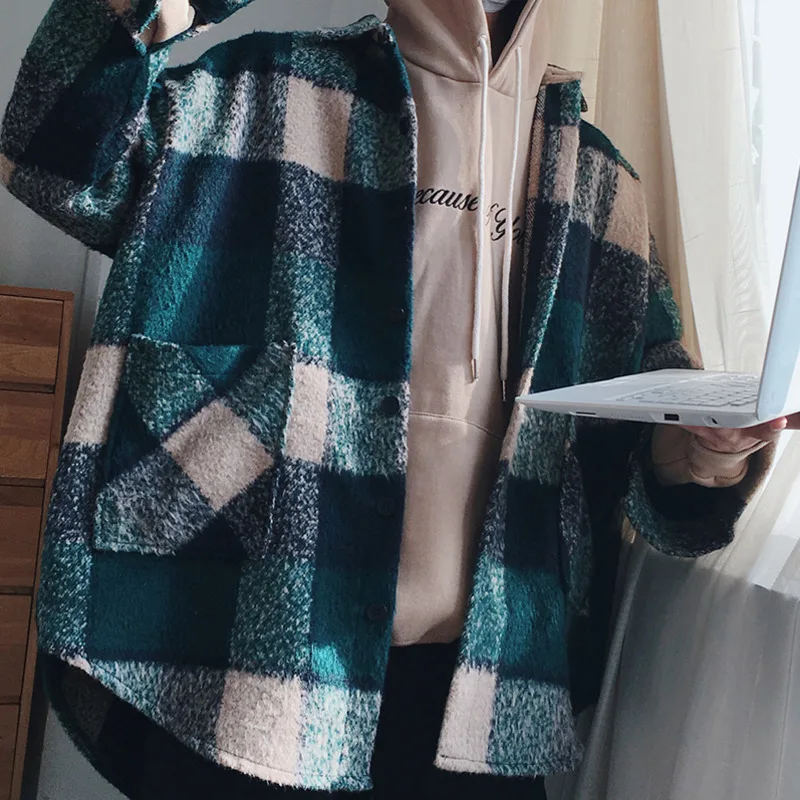 Мужская шерстяная рубашка в клетку Повседневная Свободная куртка уличном стиле