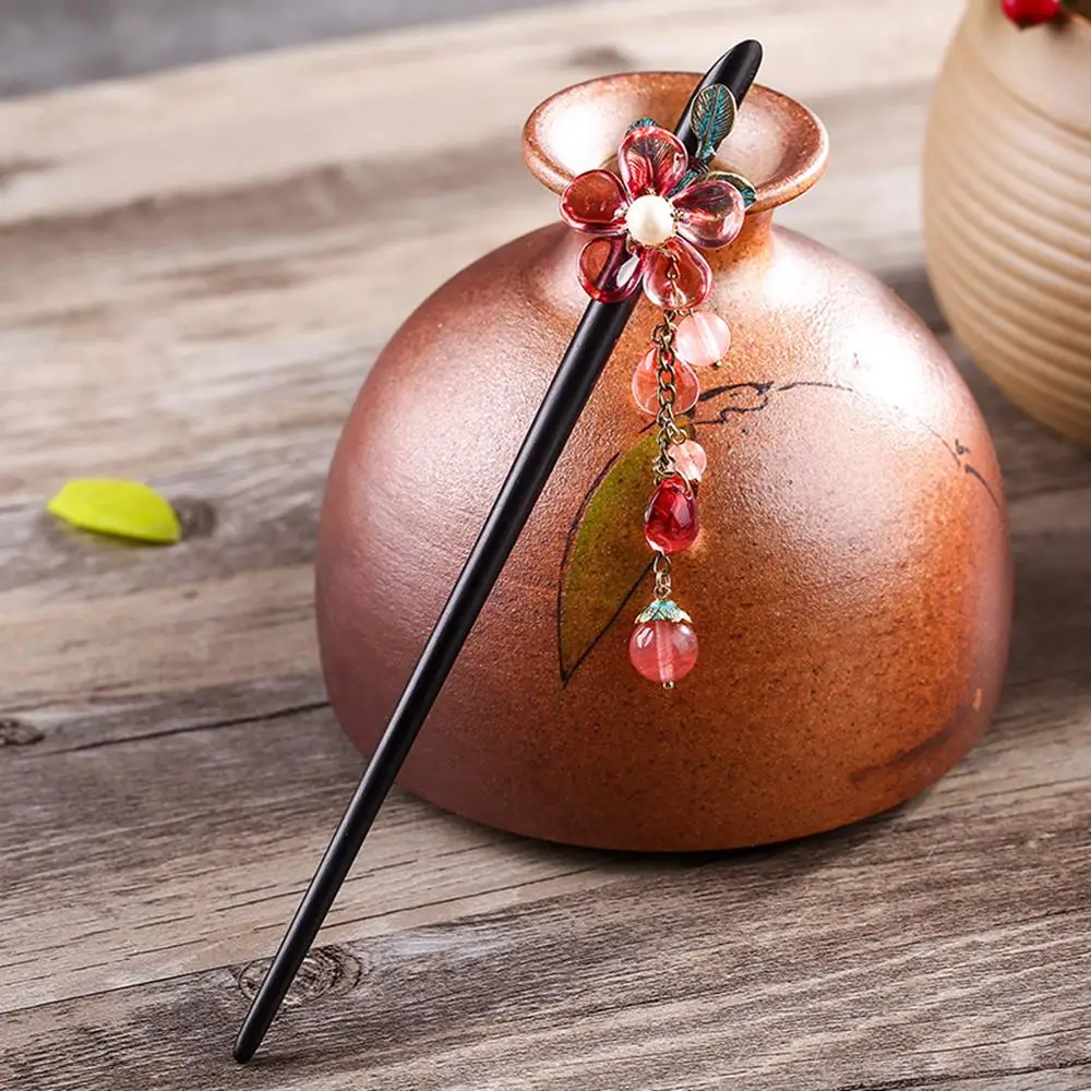 Ethnic Tassel Handmade Hair Sticks Black And Ebony Alloy Leaves Red Colored Glass Petal Pink Stone Female Accessories FZ-18007 | Украшения