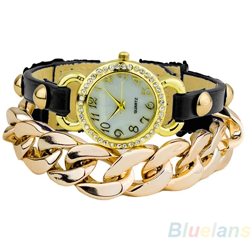 Womens Punk Style Multicolor Gold Plated leather Rhinestone Band Acrylic Chain Bracelet Dress Watch 03IG | Тематическая одежда и