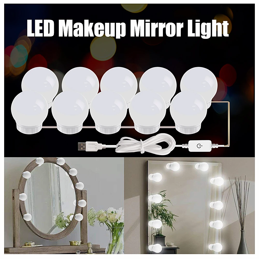 Hollywood Vanity Mirror Lights Dressing Table Makeup Lighting USB Adapter LED Vanity Light with Dimmable Light Bulb for Bathroom