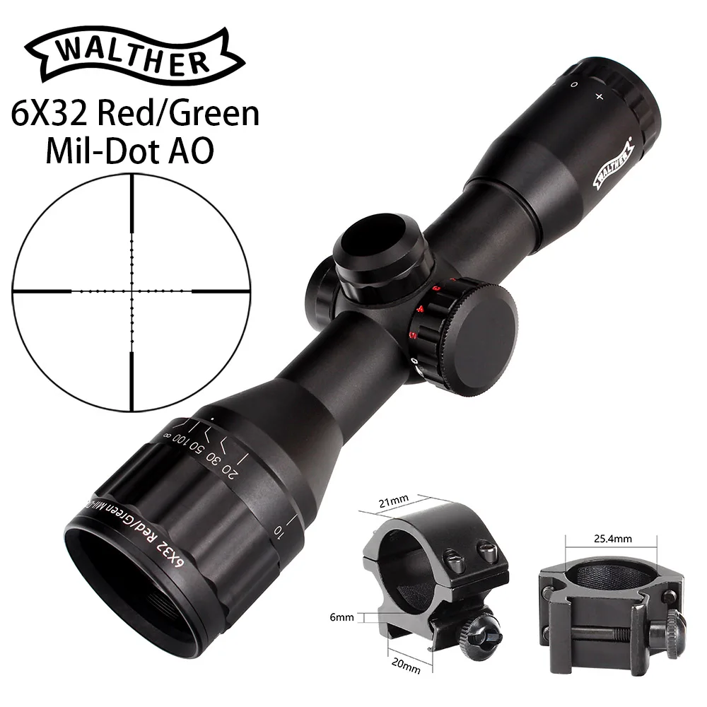 with picatinny rings WALTHER 6x32 AO Mini Mil-Dot двухцветная светящаяся сетка тактический прицел для винтовки для охоты оптический прицел - Цвет: with picatinny rings