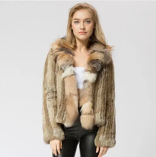 NATURAL BEIGE Вязаное пальто из натурального кроличьего меха, пальто, куртка с воротником из лисьего меха, Русская женская зимняя теплая натуральная меховая шуба - Цвет: NATURAL BEIGE