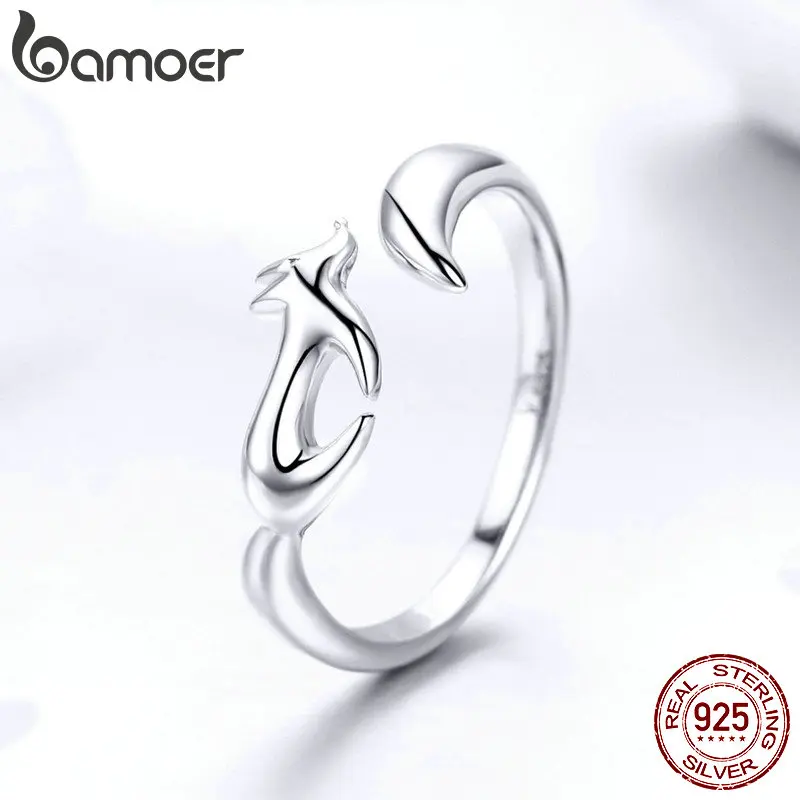 BAMOER, 925 пробы, Серебряное животное, лиса, регулируемые кольца на палец для женщин, открытый размер, лисий хвост, кольцо, Стерлинговое серебро, ювелирные изделия SCR478