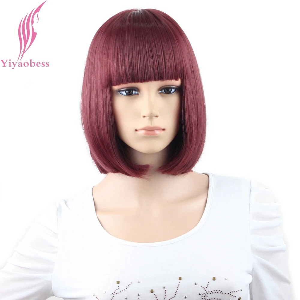 Yiyaobess Synthetic 10inch Straight Short Bob Wigs Bangs Blue Golden Red Black White Purple Pink Green Brown Cosplay Wig Female