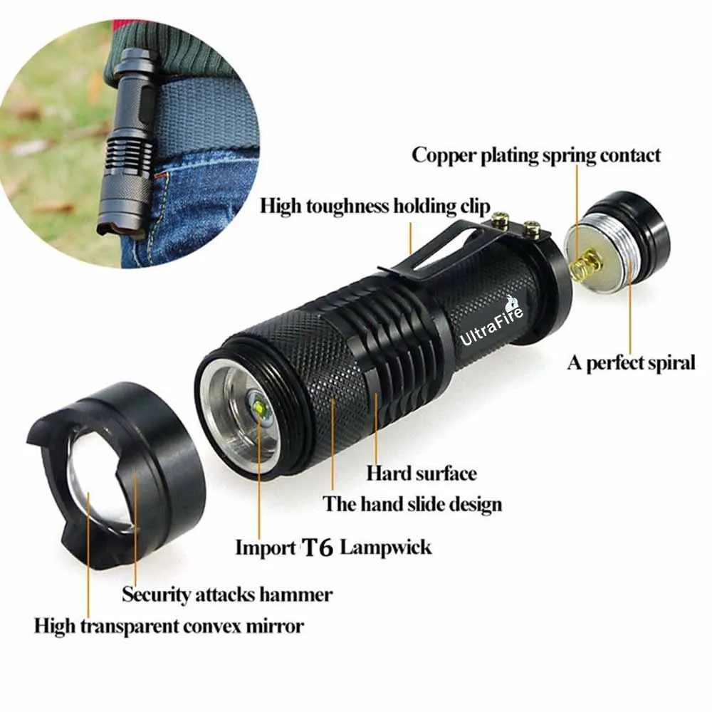 18650 Battery Tactical Flashlight 5 Files Classic Black Durable Aluminum Flashlight T6 Luminous Bulb Zoom Camping Hunting