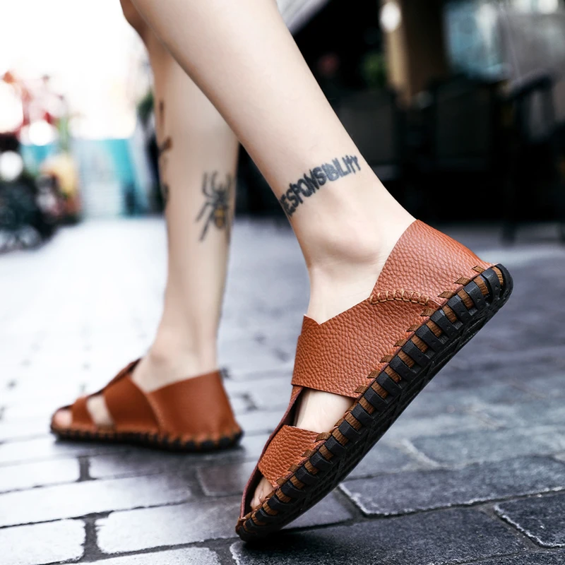 Мужские пляжные сандалии без шнуровки летняя обувь в римском стиле повседневная