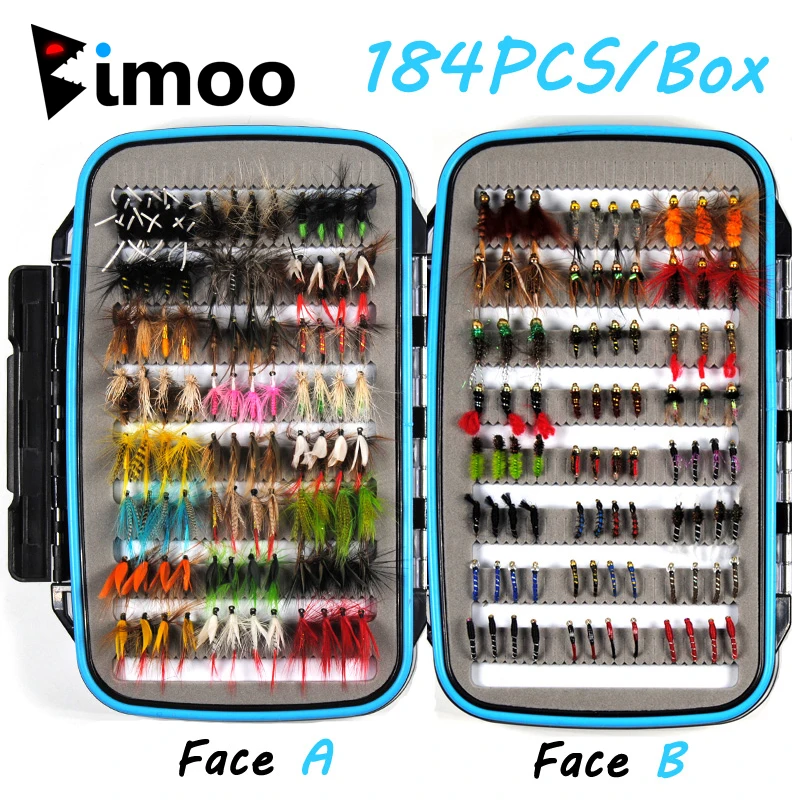Bimoo 184 шт., набор для мокрой сухой ловли Нимфы, коробка для ловли нахлыстом, материал для наживки, поддельные мухи для форели, серых, панфиш, рыболовные снасти