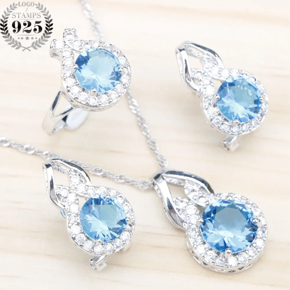 Набор ювелирных изделий из серебра 925 пробы круглые светло синие циркониевые