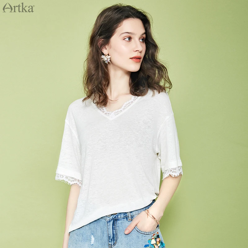 ARTKA летняя Свободная Женская футболка, одноцветная модная свободная футболка с круглым вырезом и коротким рукавом, кружевная футболка для женщин TA12098X
