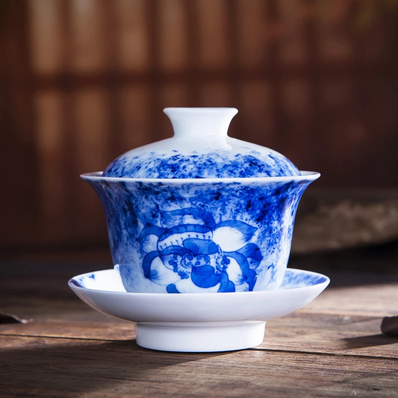 200 мл Цзиндэчжэнь синий и белый фарфор Gaiwan ручная роспись Лотос супница чашка