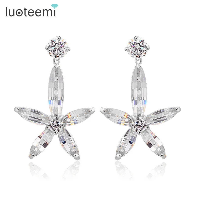 

LUOTEEMI Yiwu Jewelry Fashion White Gold-Color Inlay AAA Cubic Zirconia Flower Dangle Earrings for Women Weddings