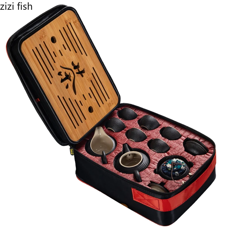 Chinese Style Ceramics Black Kung Fu Tea Set Suit One Teapot and Six Cups Carrying Case Travel Tea Set