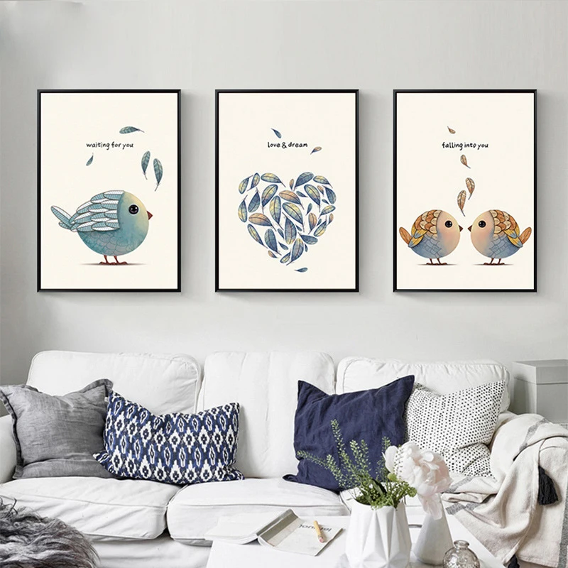 Женская винтажная картина с милыми мультяшными птицами холст Художественная