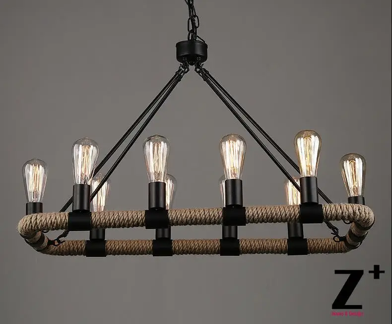 

America Style Industry Country Linen flax rope and iron made Chandelier 10 E14 Edsion Bulbs Free shipping