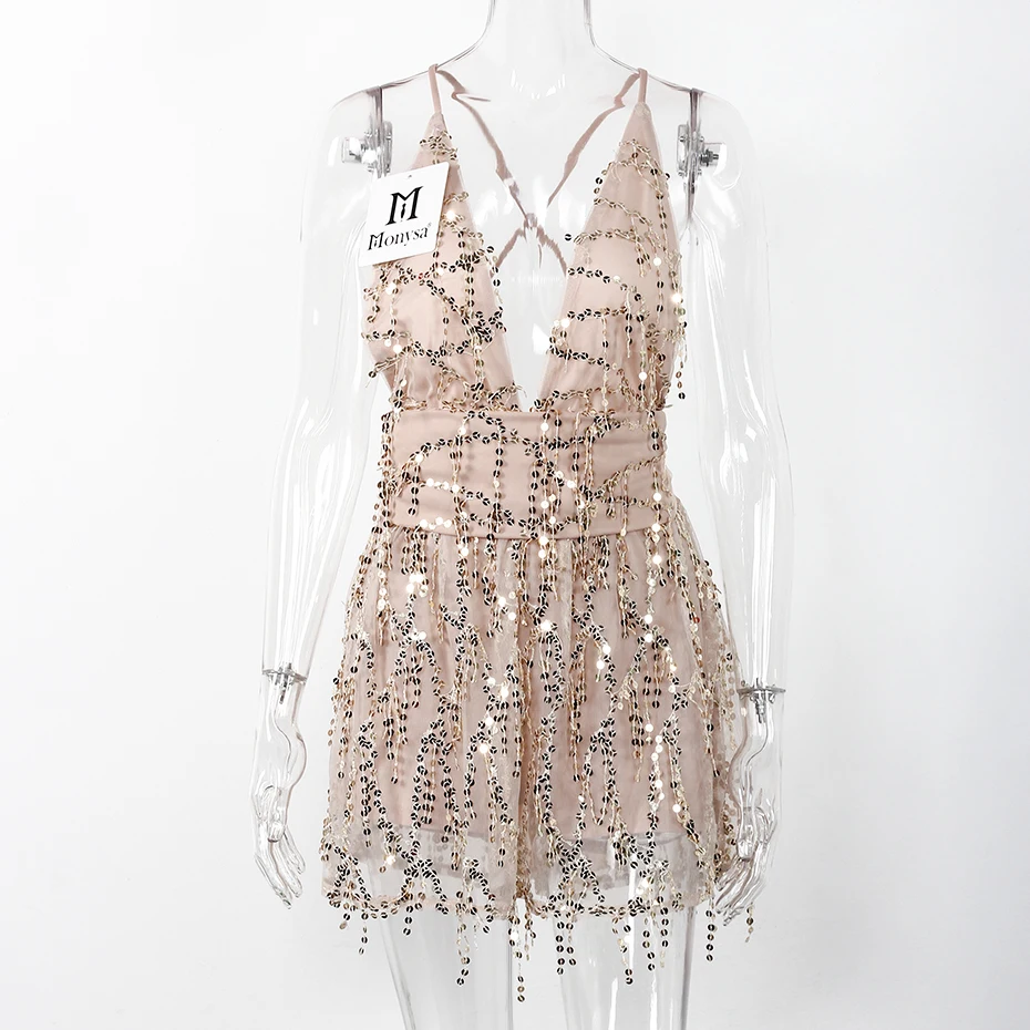 Women Party Dresses Summer New Fashion Sleeveless Deep V Neck Sequin Dress Women Black Spaghetti Strap Sexy Dress Backless