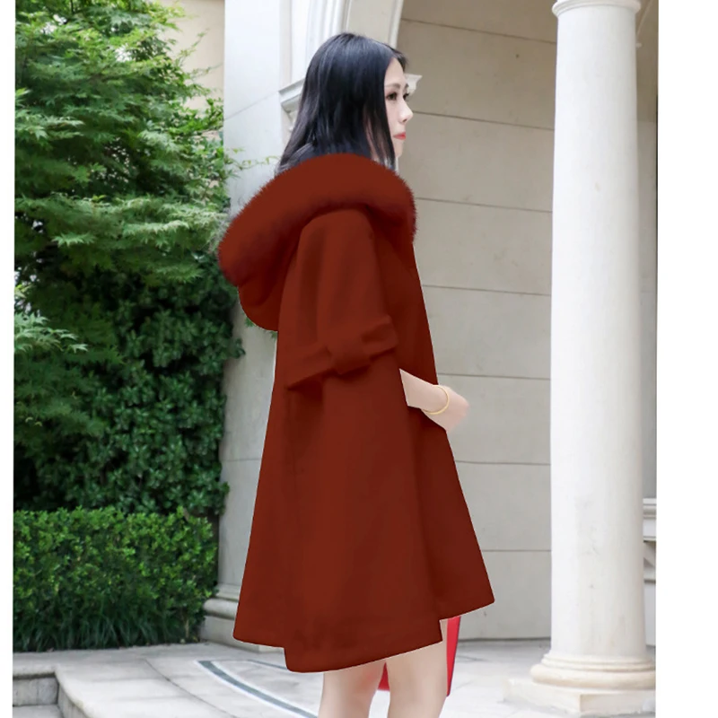 High Quality New Retro 2018 Autumn winter Coats For Women British Style Cloak Femme Hooded Real fur collar Wool Coat LF557 | Женская
