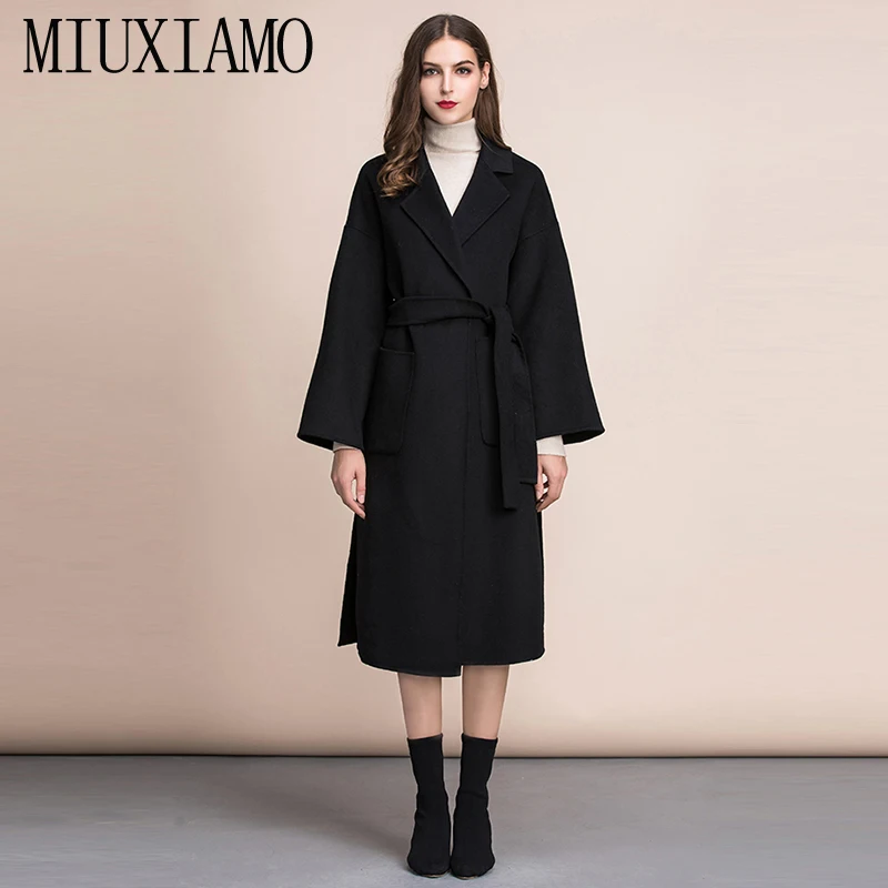 Женское длинное пальто MIUXIMAO черное из 100% чистой шерсти с поясом Осень зима