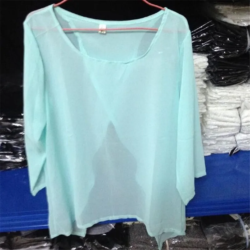 

YSDNCHI Chiffon Shirts Backless Split Blouse Summer Back Perspective Fashion Plus Size Shirt Blusas Women Blouse Round Neck