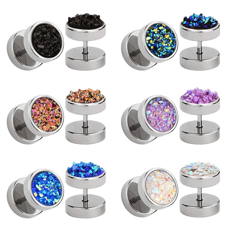 JFORYOU 6 пар круглые серьги-гвоздики из нержавеющей стали Druzy шпильки Комплект сережек для женщин мужские девушки поддельные Плаги-обманки