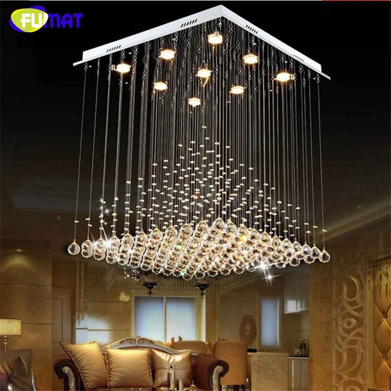 

FUMAT K9 Crystal Chandelier Modern Lustre Hotel LED Crystal Light Fixtures Living Room Lobby Rain Drop Crystal Chandeliers