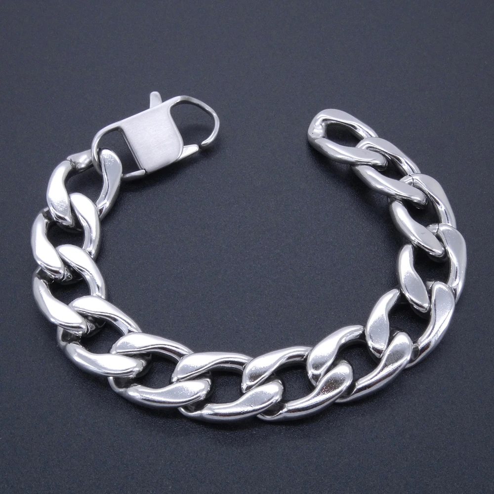 

Masculine Bracelet Curb Cuban Chain 100% Stainless Steel Bracelet 15 mm Width 8" Inches Length Silver Color for Men Women
