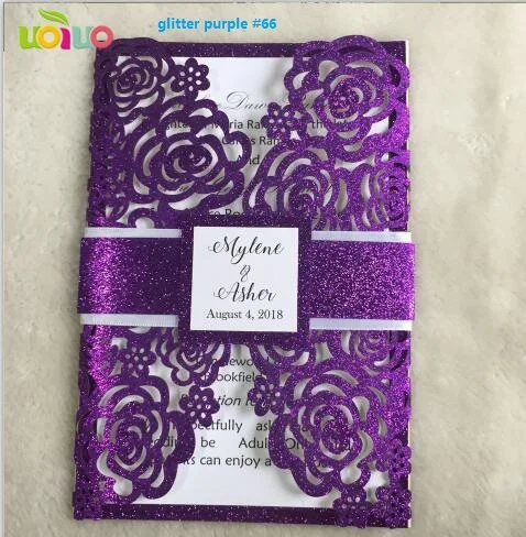 glitter purple Блестящая золотая с розовой картой, красивая лазерная резка, уникальная коляска, пригласительные карточки на день рождения, пряжка с короной, завязывается розовым бантом - Цвет: glitter purple