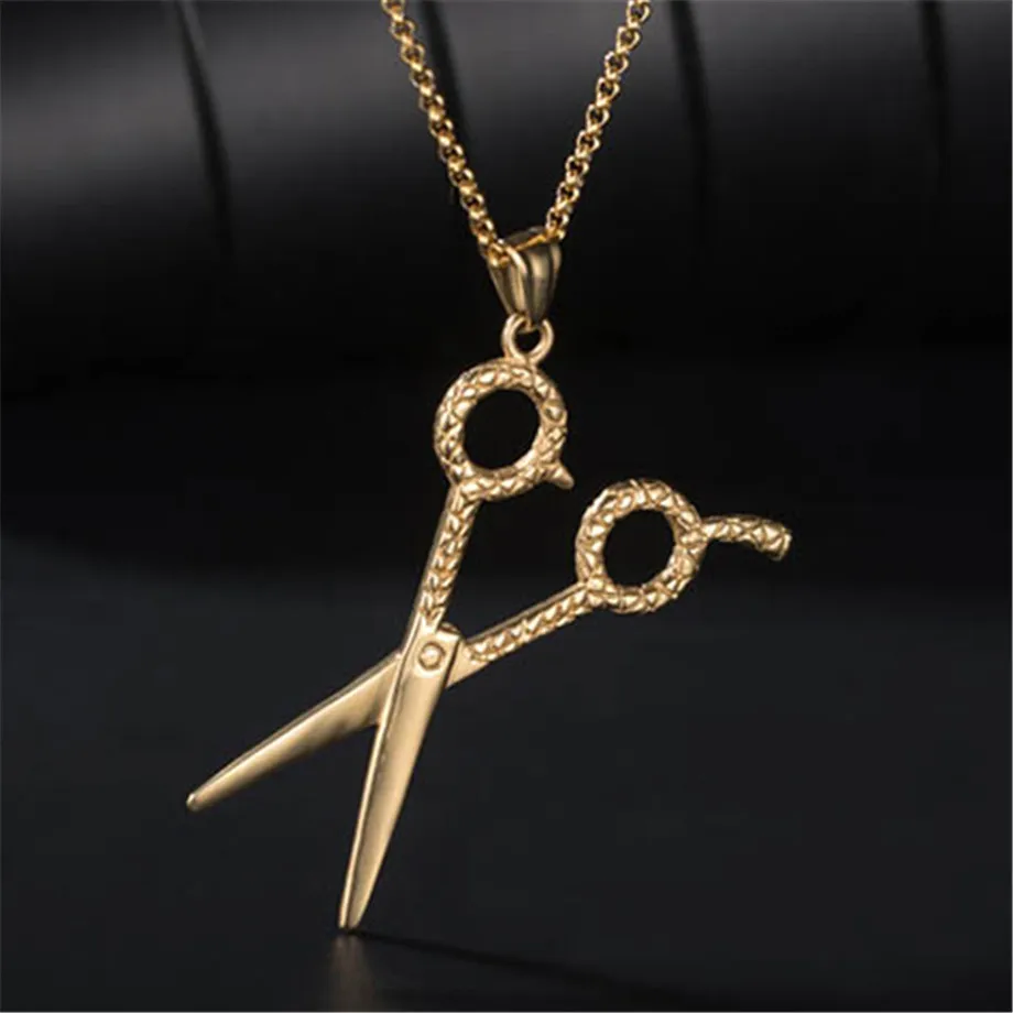 Купи Trendy Scissors Pendants Necklaces Gold Color Stainless Steel Chain Necklace for Men Barber Shop Jewelry за 508 рублей в магазине AliExpress