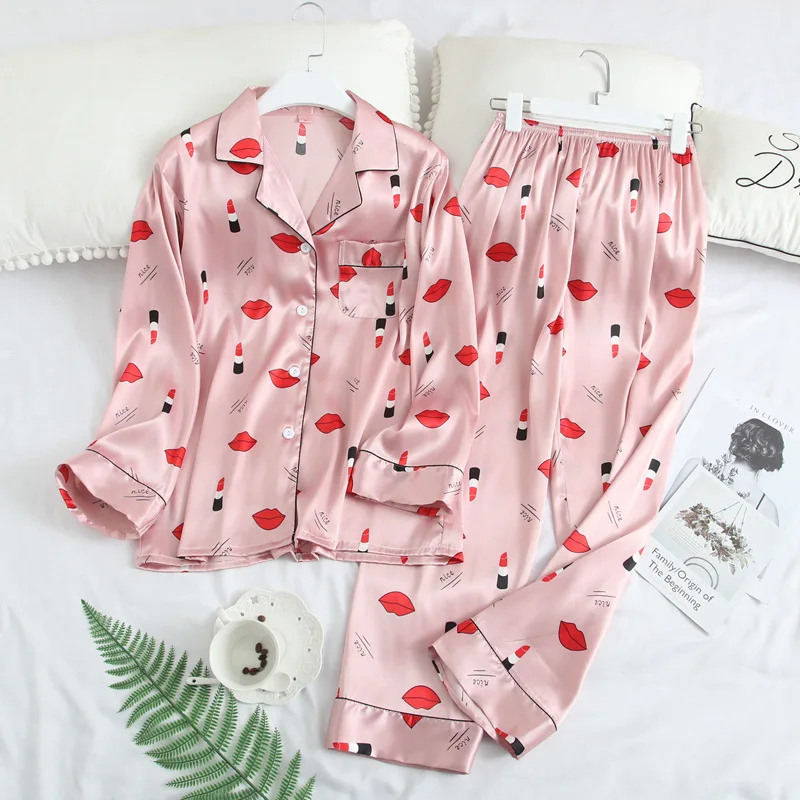 

women pajamas Spring and Autumn Set Sexy Silk Two-piece Set Long Sleeve Pants Cardigan Home Service pink