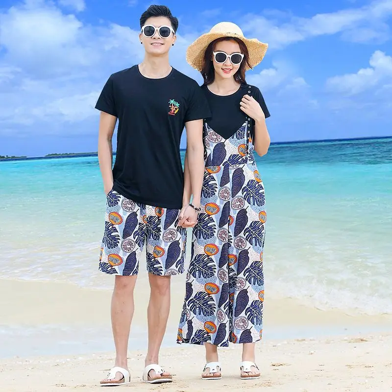 

Korean Couple Matching Clothes T-Shirts College School Fashion Women Men Summer Jumpsuit Vacational Beach Dress Outfit Wear Set
