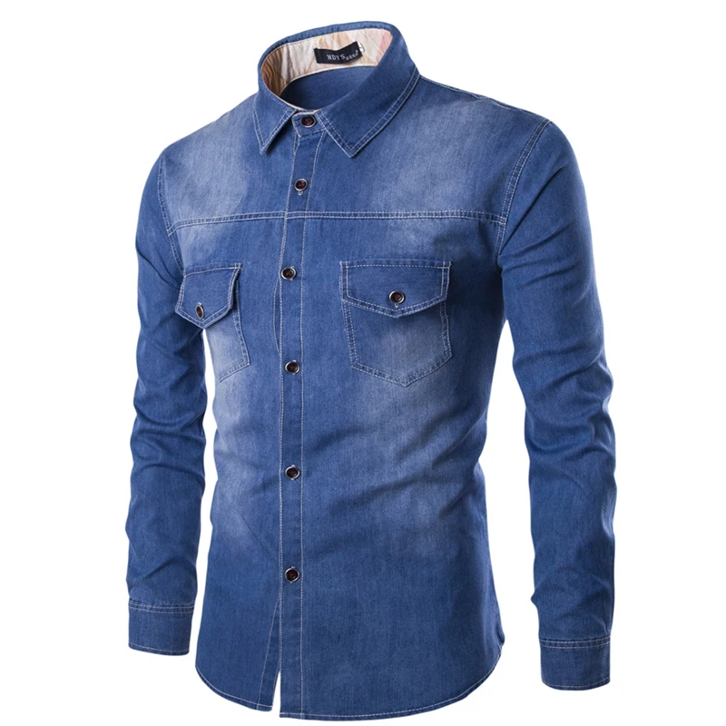 Новая мужская джинсовая рубашка 2017 Хлопок Slim Fit Брендовые повседневные джинсовые