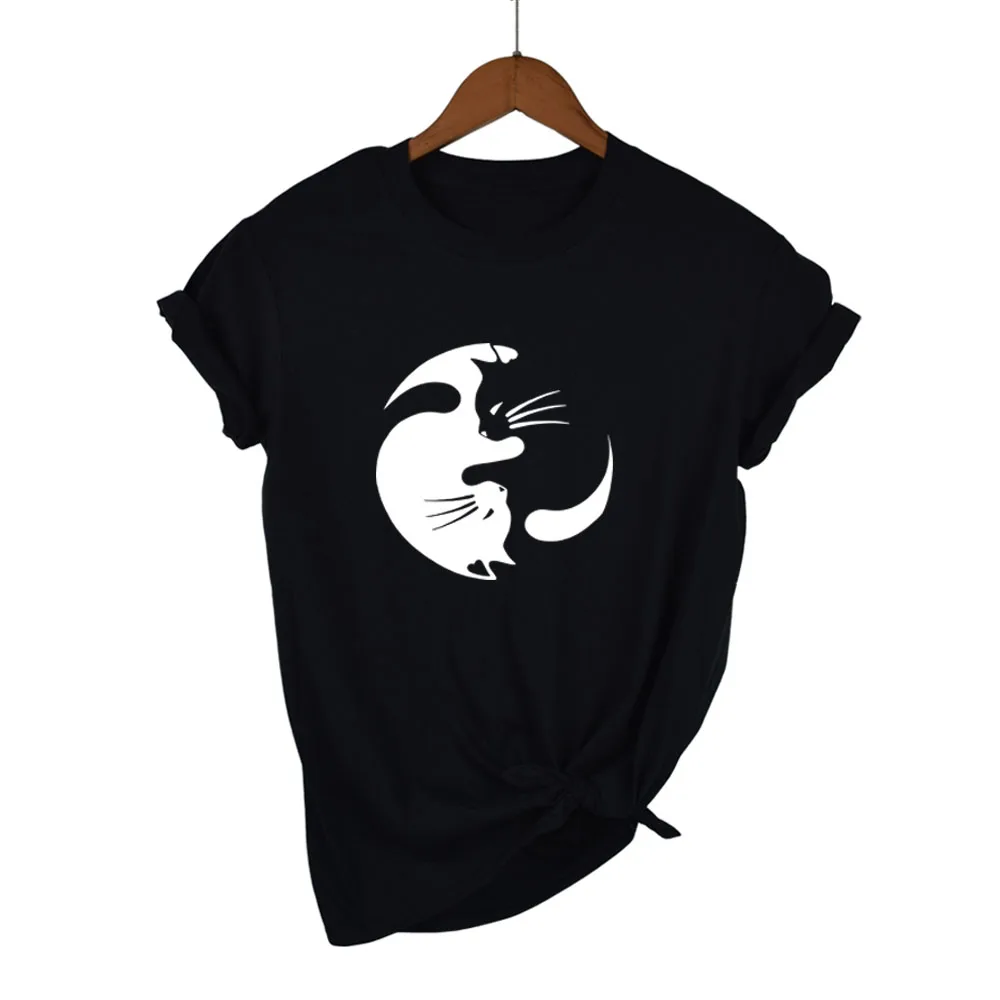 Yin Yang Cat Lovers футболка с рисунком из мультфильма топы для женщин Лето 2017