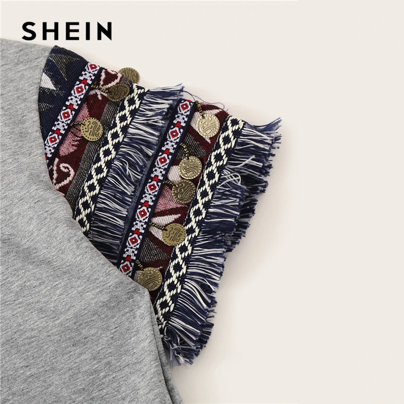 SHEIN, народный стиль, бахрома, отделка, Heathered Tee, Повседневная футболка, женская,, летняя, короткий рукав, эластичная, Boho, Милая футболка, топы