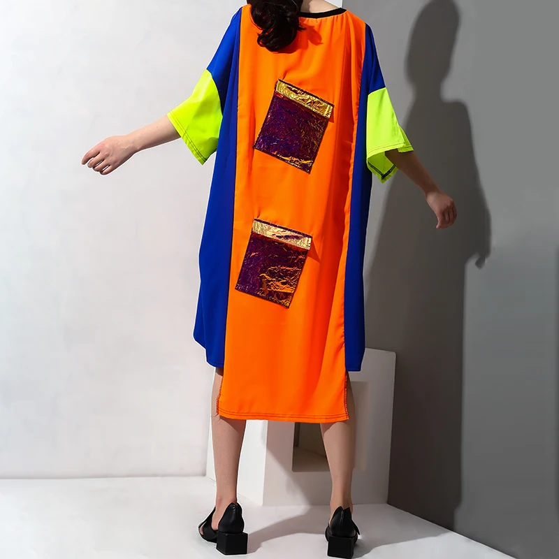 [EAM] New Spring Summer Round Neck Three-quarter Sleeve Big Pocket Split Joint Big Size Long Dress Women Fashion JX0241