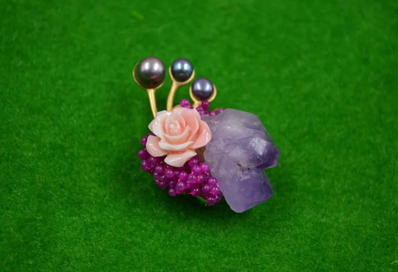 XlentAg Natural Purple Crystal Brooch Pins Fresh Water Black Pearl Flower Brooches Pendant Dual Use Luxury Fine Jewelry GO0047 | Украшения