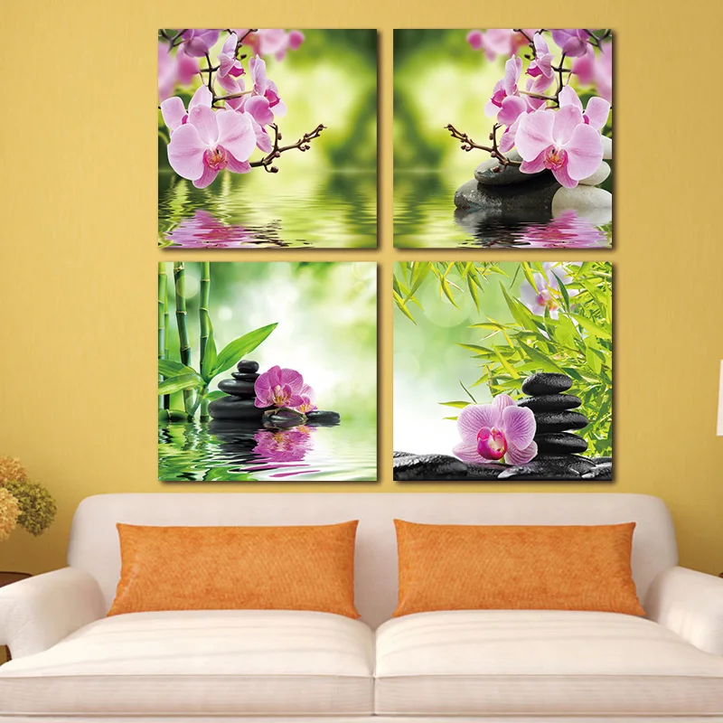 

BANMU Nature Butterfly Orchid Flower and Zen Stones Painting Wall Art Bamboo Picture Print on Canvas Modern Art for Wall Art