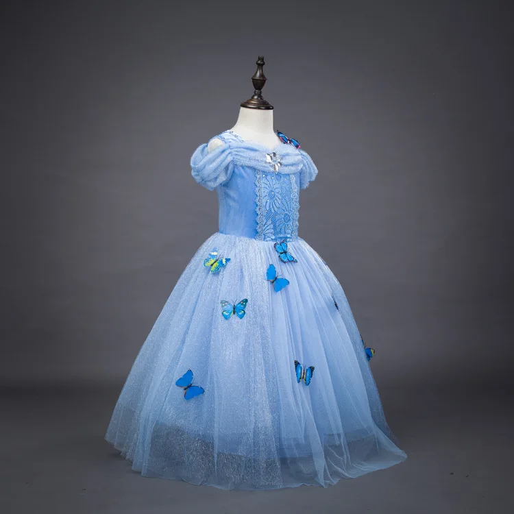Christmas Girls Dress Long A-line Cute Princess Short Sleeve Blue With Appliques Butterfly Evening Dresses | Детская одежда и