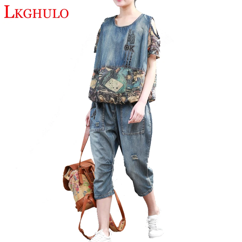 Summer 2018 Luxury Korean Girls Jeans Streetwear Women Two Pieces Set Denim Tops Tracksuit Woman Outfits Clothes Roupas A745 | Женская