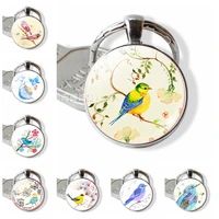 fashion colorful hummingbird round flower photo keychain keyring glass dome metal bird jewelry key ring pendant accessories gift