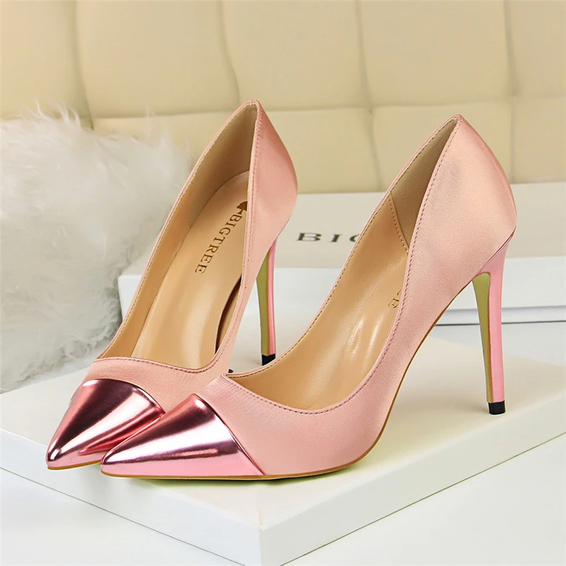 Женские атласные туфли лодочки Tacones на высоком каблуке 10 см синие и зеленые День