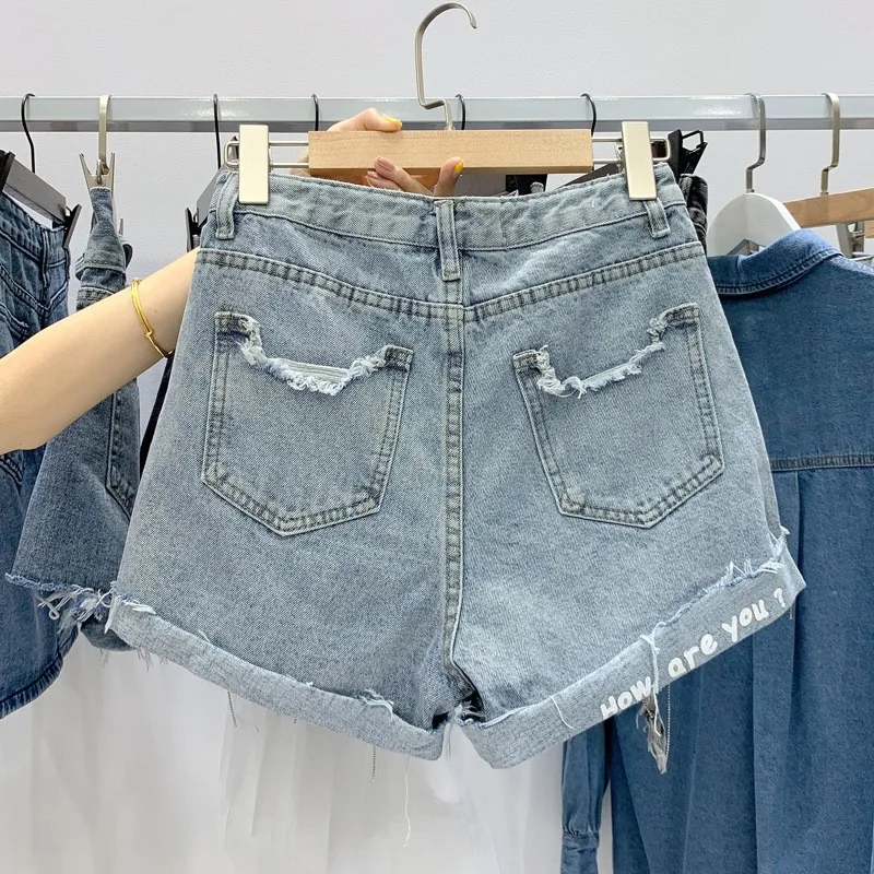 High Street Korean Summer Female Chain Tassel Embroidered Flares Wide Leg Shorts Waist Hole Ripped Fashion Casual | Женская одежда