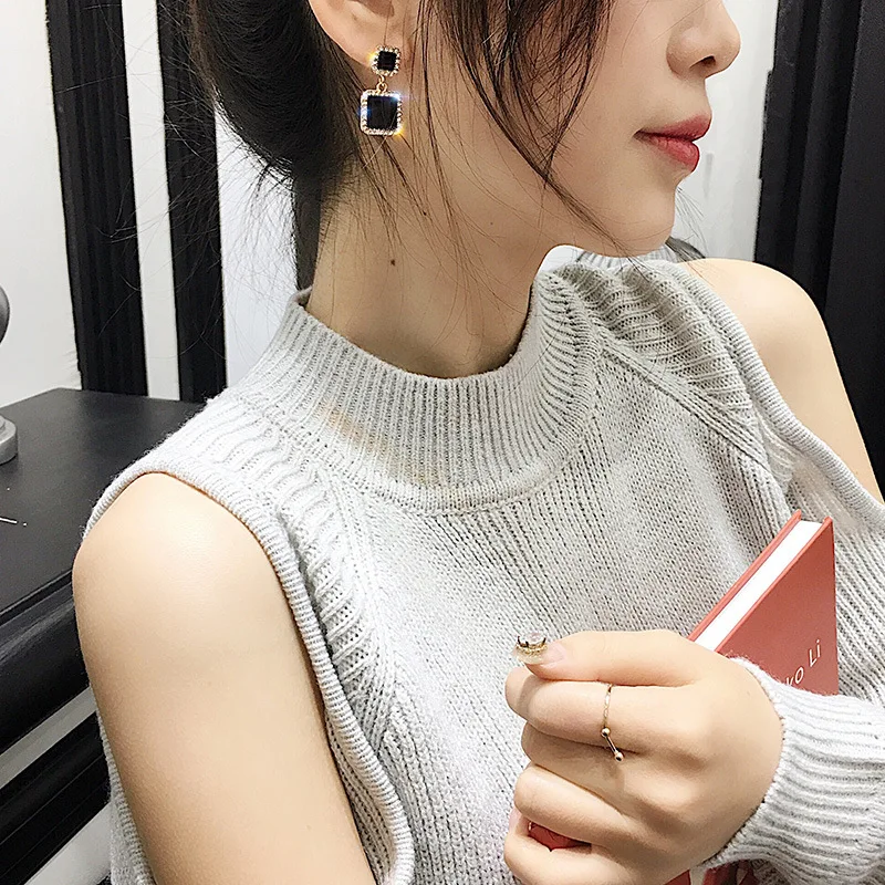 Новинка 2019 модные роскошные черные квадратные серьги подвески с кристаллами