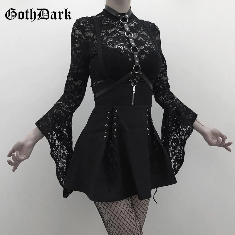 Женский кружевной комбидресс Goth Dark черный ажурный на молнии с расклешенным