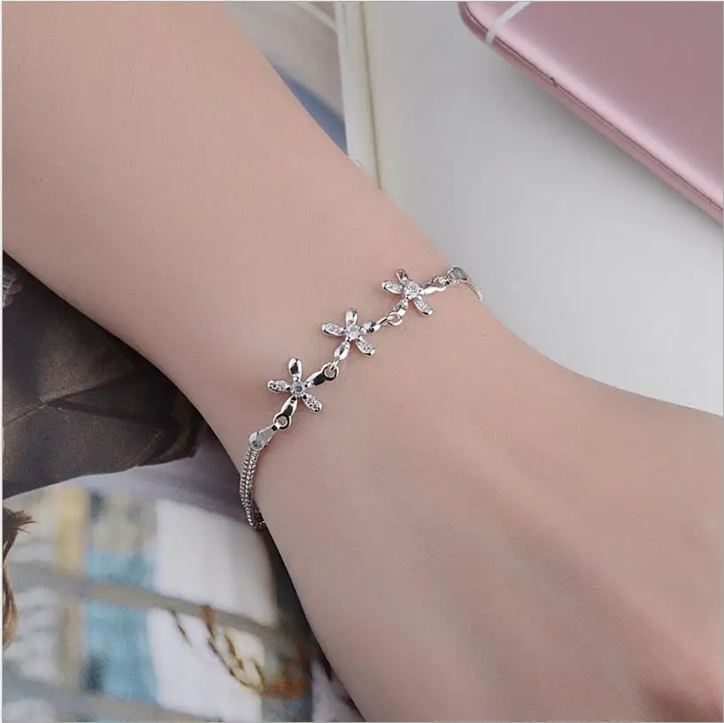 

LUKENI New Fashion 925 Sterling Silver Women Bracelets Jewelry Shiny Crystal Flower Girl Anklets Accessories Lady Lovers Gift