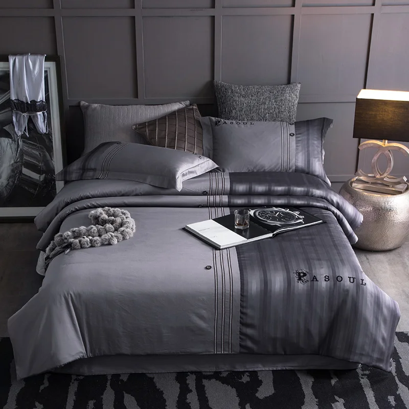 

60S шелковая вышивка серый Роскошный Королевский Комплект постельного белья 4 шт. King Queen размер простыня набор пододеяльник подушка shams