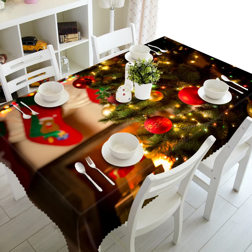 

High Quality Dining Table Cloth Red Exquisite Christmas Socks 3d Pattern Rectangle Tablecloth Festival Party Decor Table Cover